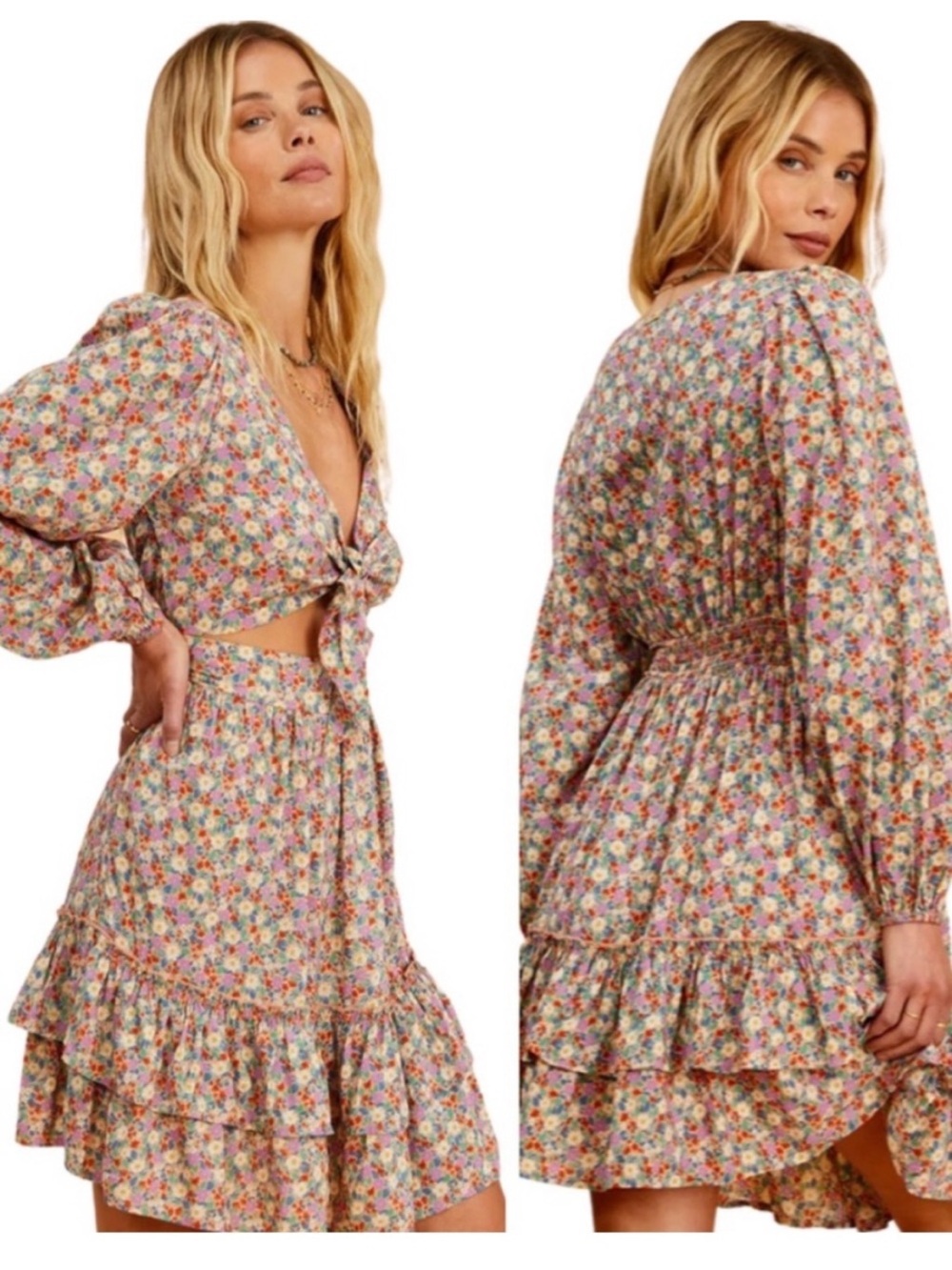 Billabong Multi Floral Tie-Front Mini Dress